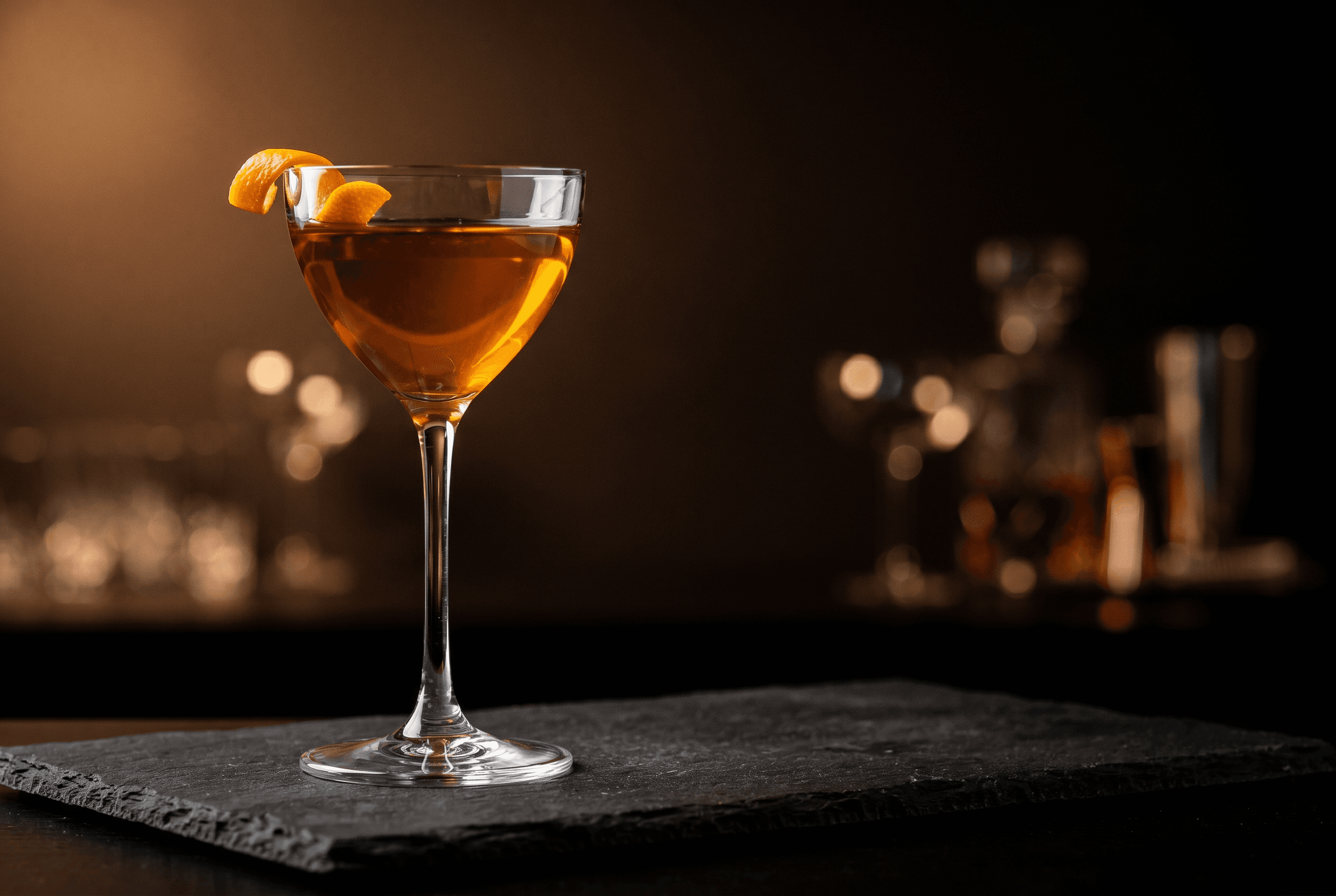 A cocktail in a Nick & Nora glass with orange peel on a dark slate surface