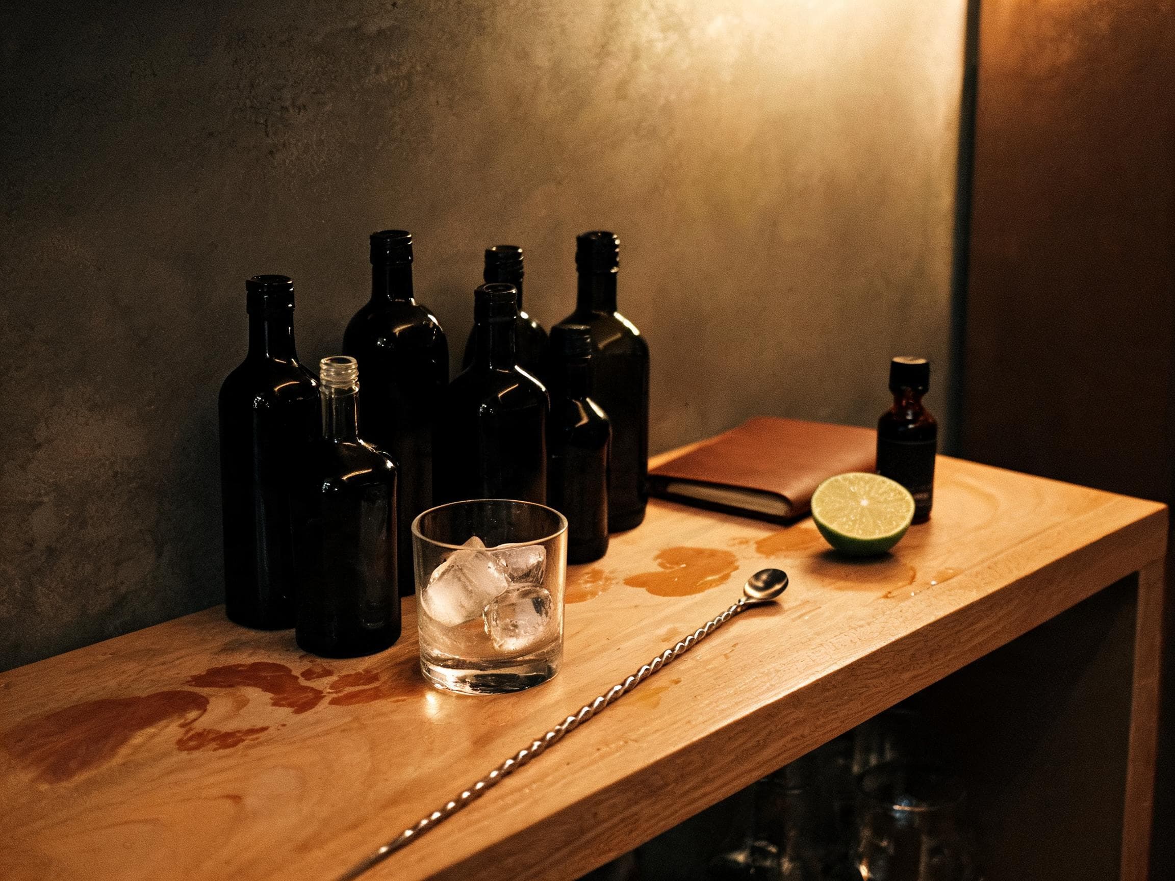A home bar with bottles, glass and bartending tools in warm light