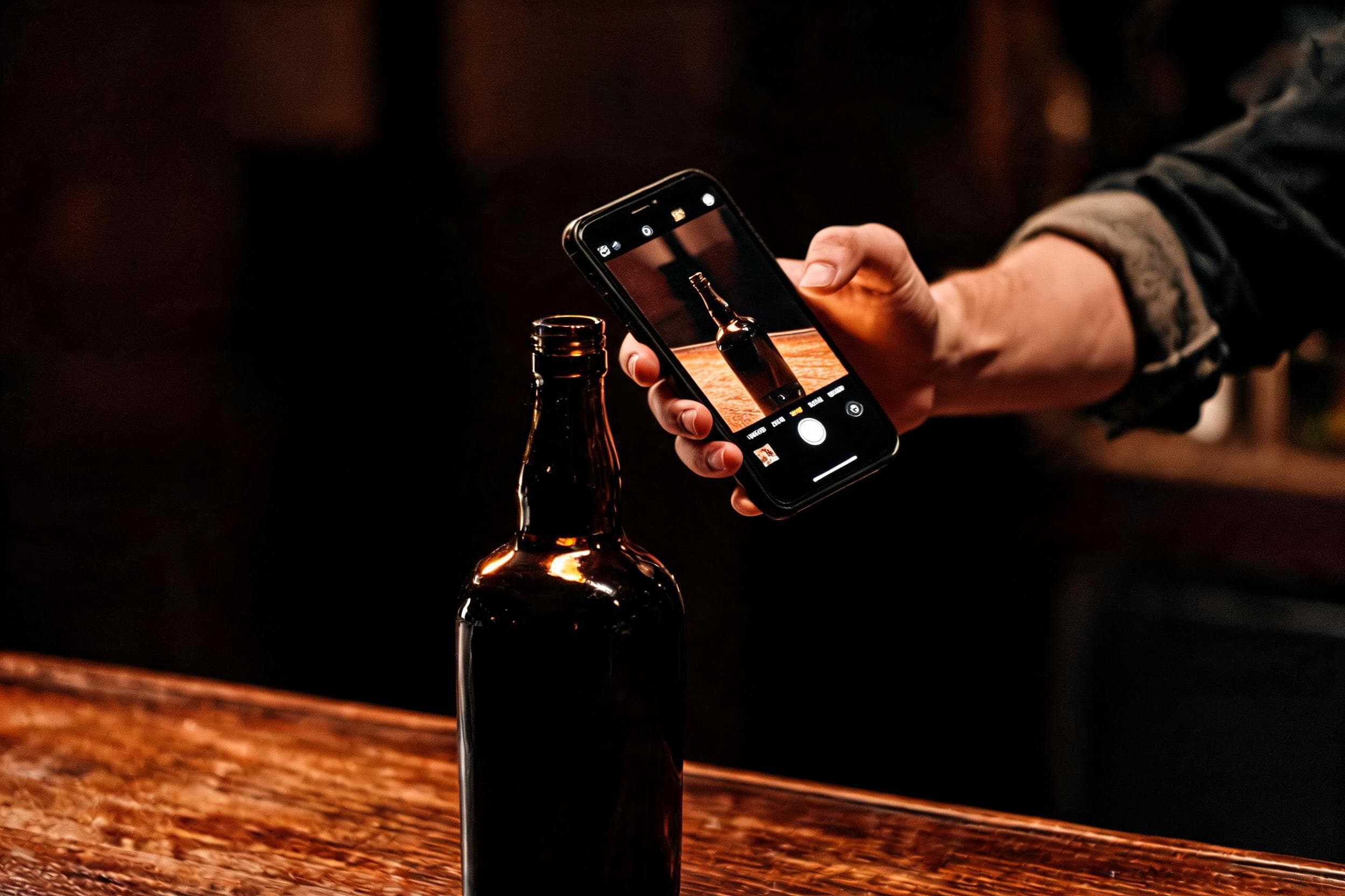 A hand holding a phone over a dark spirit bottle for identification
