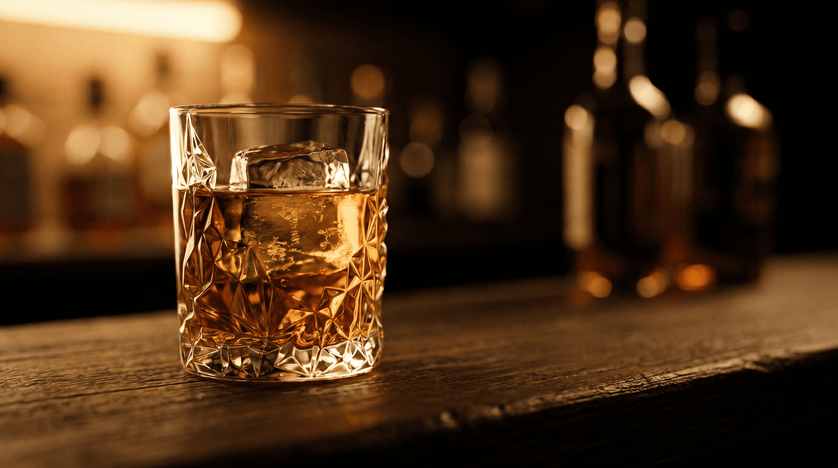 A whiskey glass on a dark bar with bottles softly out of focus behind